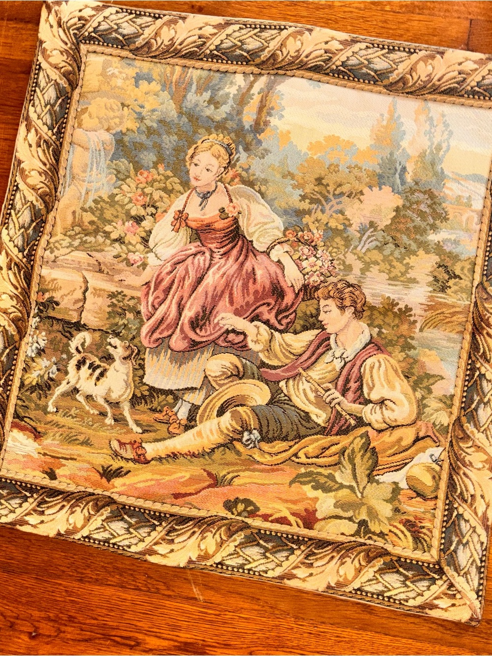 Vintage Italian tapestry “Playful Time” romantic wall hanging